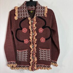 Vtg 60/70s Supreme Knitwear Boho Folk Cardigan Ruffle Trim Floral Womens S Rare